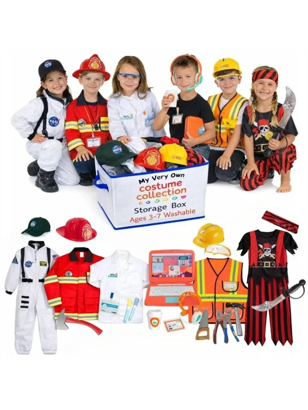 6-in-1 Toddler Dress Up Costumes for Kids 3-7, Firefighter, Astronaut & More!